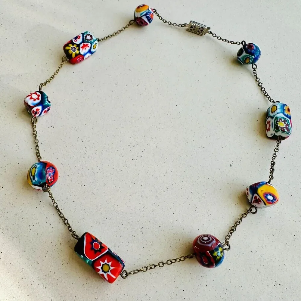 Vintage Venetian Murano Millefiori Bead Choker Necklace Mosaic Boho Art Deco